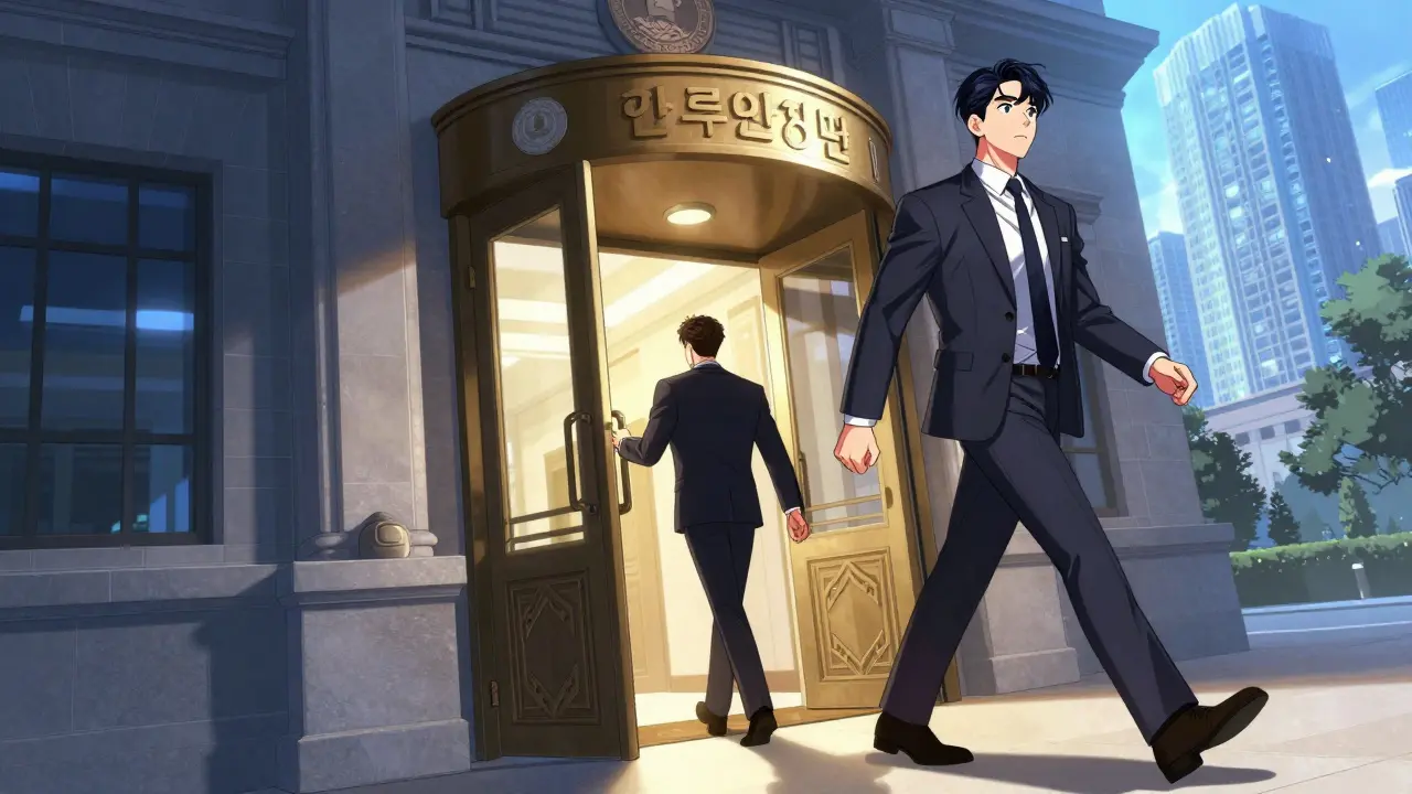 A person transitioning from a government official to a corporate executive through a giant rotating door.