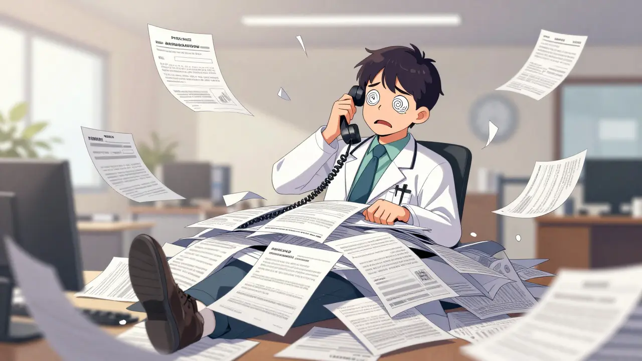 An exhausted doctor overwhelmed by a whirlwind of insurance paperwork.