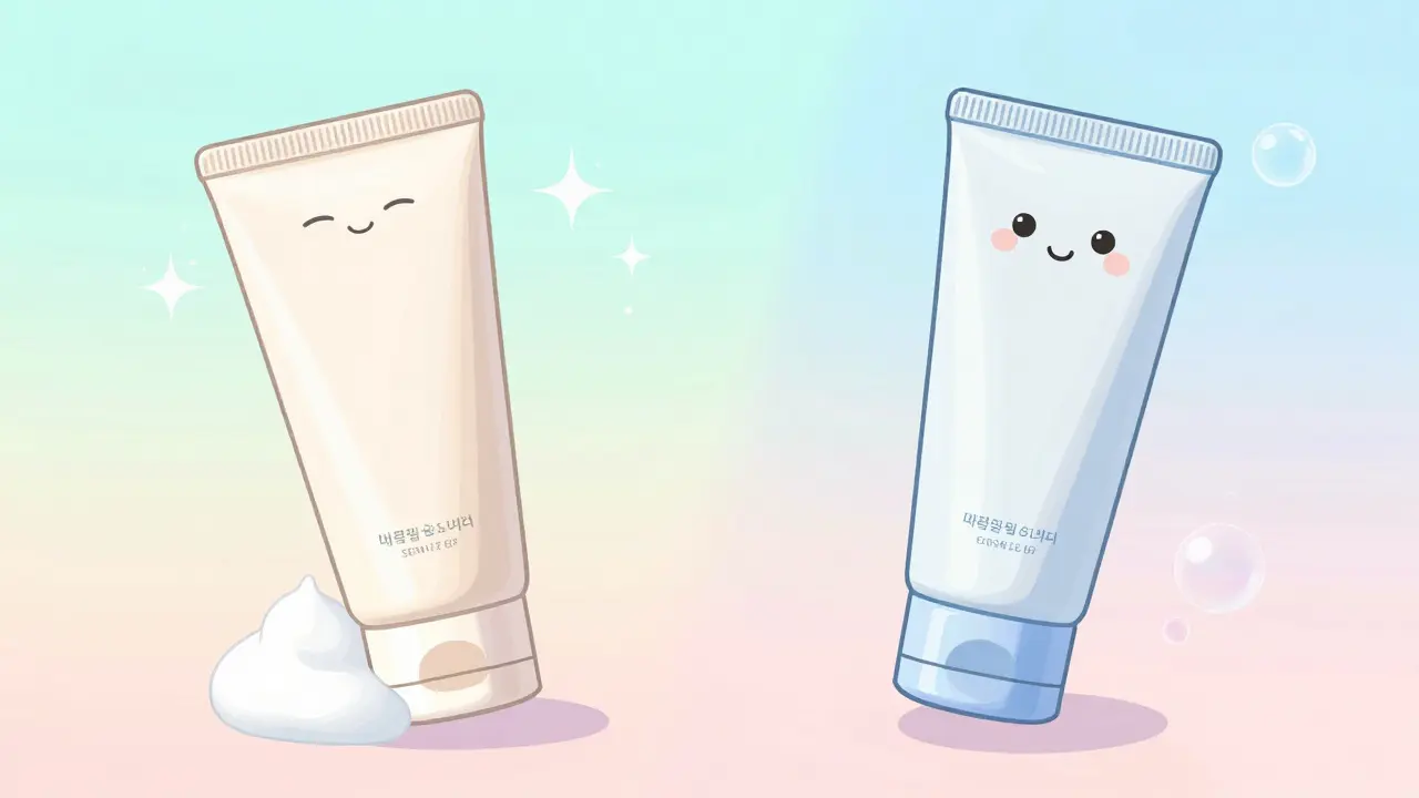 Comparison of an acne cleanser and a spot treatment gel, Korean webtoon style.