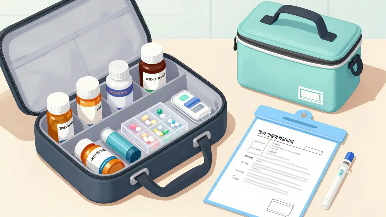 Detailed layout of a medication go-bag with prescriptions, organizers, and medical documents.