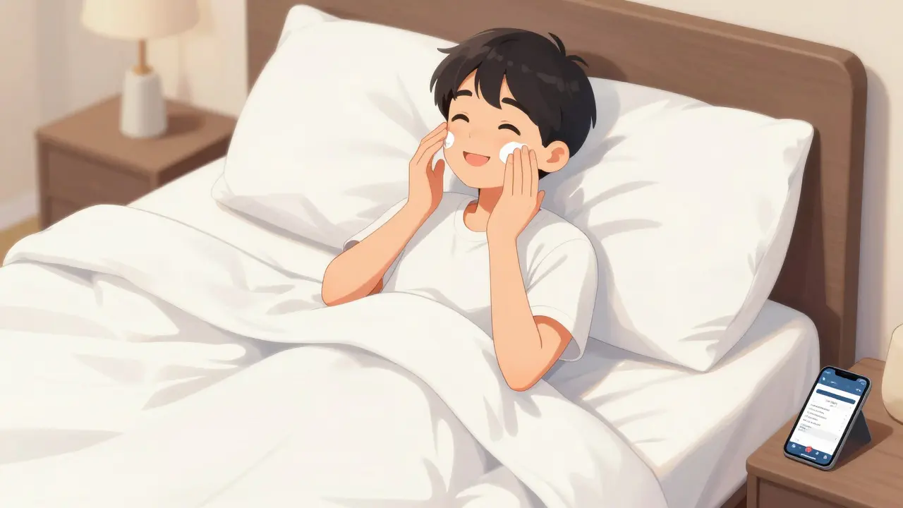 Person applying skincare on white bed linens to avoid bleaching, Korean webtoon style.