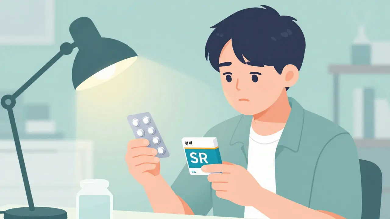 Person carefully checking medication blister packs for correct dosage