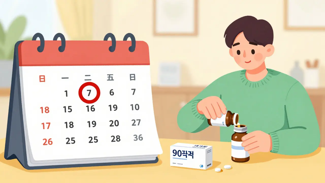 Split screen showing a calendar reminder and a person rotating medications in their kit.