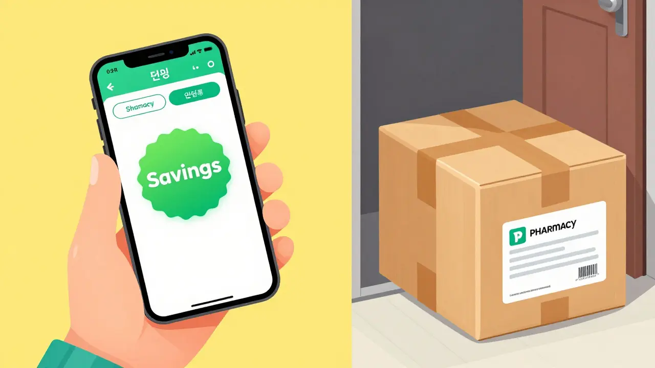 Split screen showing a pharmacy discount app and a delivered medication package